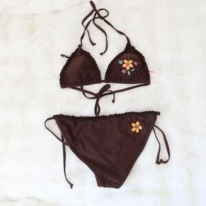ardene brown floral embroidered triangle bikini set size m